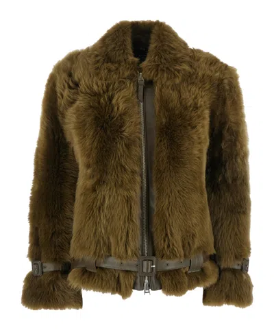 Tom Ford Women Brown Jacket With Adjustable Belt On The Waist In Fur Woman In Green