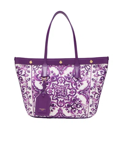 Dolce & Gabbana Majolica-print Canvas Shopping Tote Bag In Purple