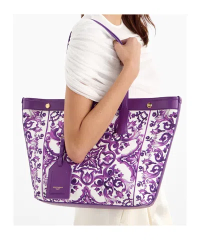Dolce & Gabbana Majolica-print Canvas Shopping Tote Bag In Purple