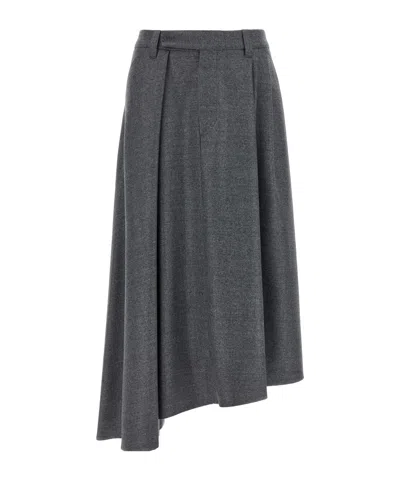Brunello Cucinelli Wool Skirt With Asymmetrical Hem And Pleated Design In Gray
