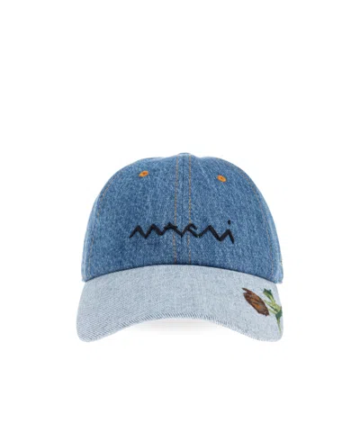 Marni Embroidered Denim Cap In Black