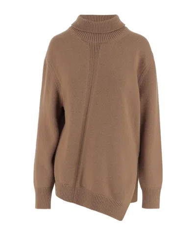 Jil Sander Beige High Neck Asymmetrical Pullover In Brown