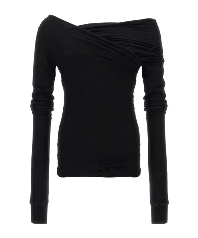 Rick Owens Hollywood Banana Off-shoulder Ruched T-shirt In Black