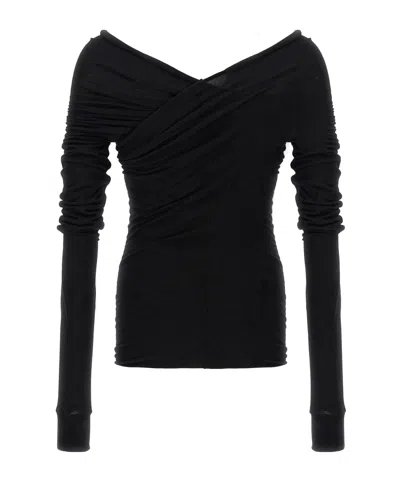 Rick Owens Hollywood Banana Off-shoulder Ruched T-shirt In Black