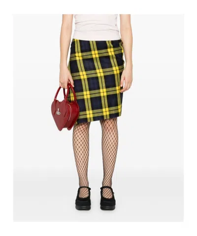 Vivienne Westwood Knee Length Plaid Skirt With Asymmetric Hem In Yellow
