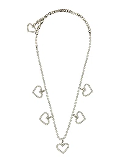 Alessandra Rich Crystal Necklace With Heart Pendants In Metallic