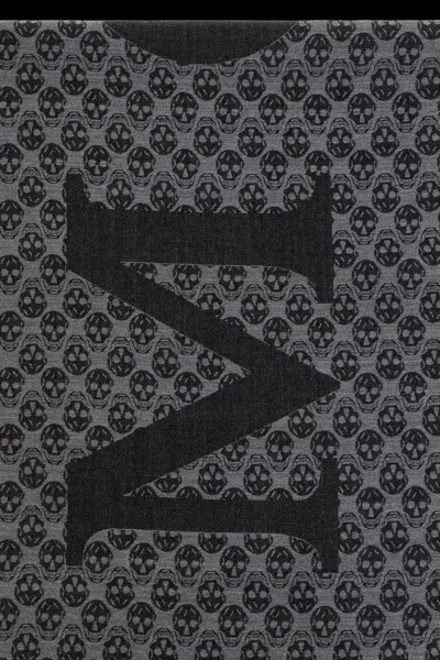 Alexander Mcqueen Multi-logo Wool Scarf With Fringed Edges In Black