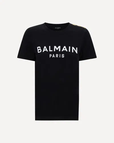 Balmain Black Crewneck T-shirt With Logo Print And Golden Buttons In Jersey Woman