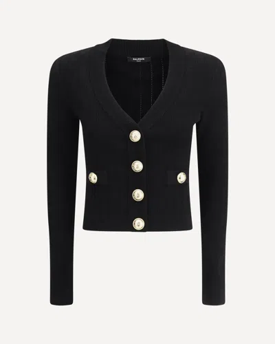 Balmain Structured Shoulder Black V-neck Cardigan With Decorative Buttons In Black