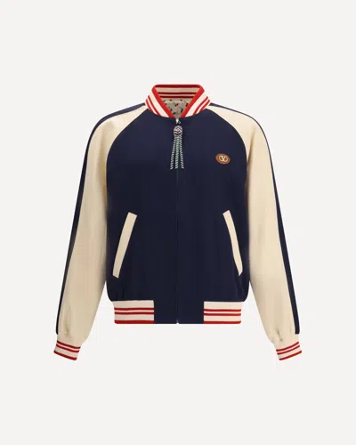 Valentino Sporty Bomber Jacket With Embroidered Details In Blue