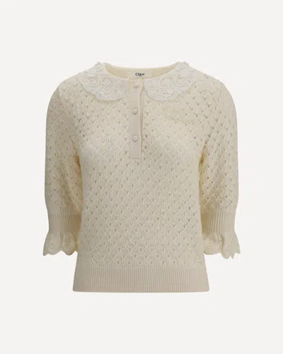 Chloé Women Ivory Knit Polo Shirt With Lace Collar In Neutral