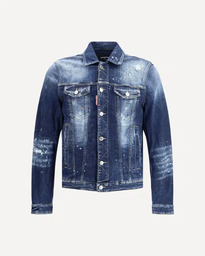 Dsquared2 Dan Blue Jacket With Classic Collar And All-over Painted Details In Denim Man In Blue