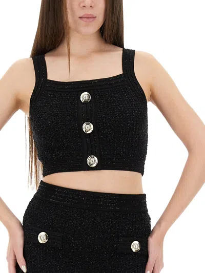 Balmain Black Viscose Cotton Tops In Black