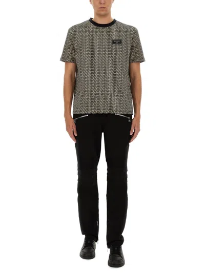 Balmain Grey T-shirt With Logo Applied On The Chest And All-over Labyrinth Motif In Cotton Man