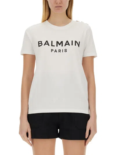 Balmain White Crewneck T-shirt With Logo Print And Golden Buttons In Jersey Woman