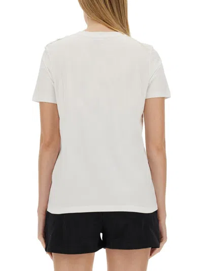 Balmain White Crewneck T-shirt With Logo Print And Golden Buttons In Jersey Woman