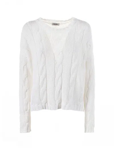Base Milano White Crew-neck Sweater With Braid Motif In White