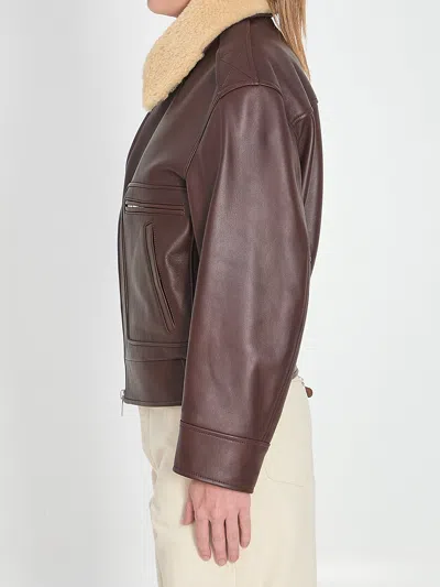 Bottega Veneta Brown Shearling Coat With Removable Fur Collar And Front Zip Closure In Leather Woman In Brown