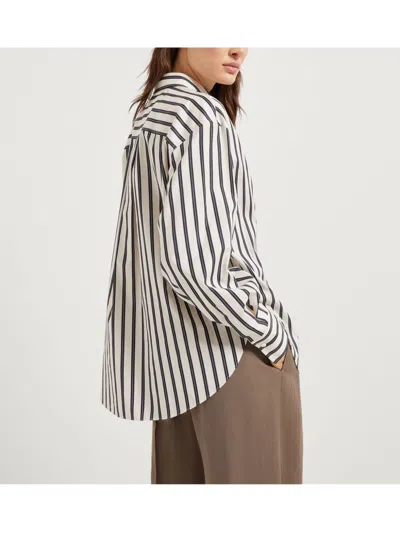 Brunello Cucinelli Women Cotton Striped Shirt With Glistening Flora Embroidery