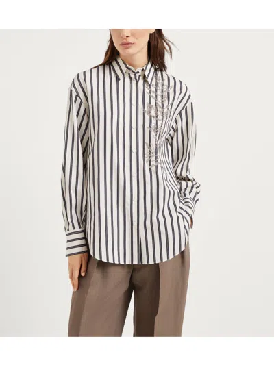 Brunello Cucinelli Women Cotton Striped Shirt With Glistening Flora Embroidery