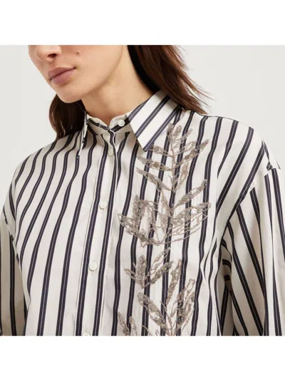 Brunello Cucinelli Women Cotton Striped Shirt With Glistening Flora Embroidery