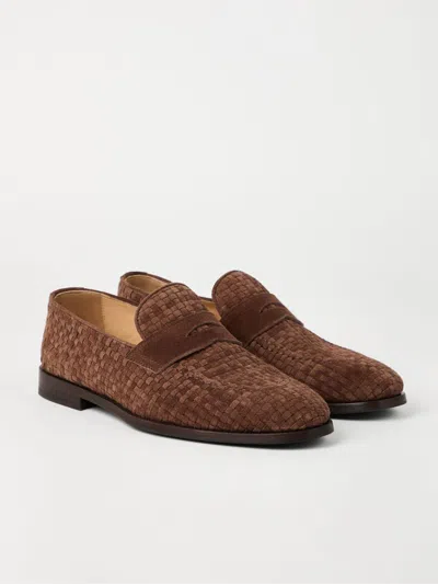 Brunello Cucinelli Woven Texture Loafers With Kleather Finish In Brown