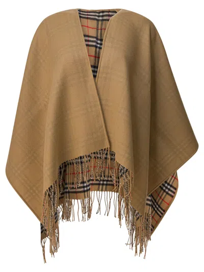 Burberry Beige Wool Cape With Check Pattern Women In Brown