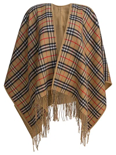 Burberry Beige Wool Cape With Check Pattern Women In Brown