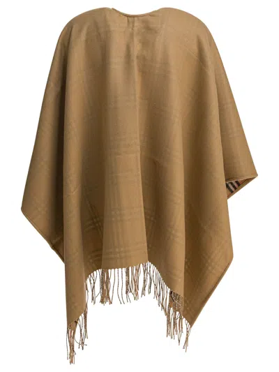 Burberry Beige Wool Cape With Check Pattern Women In Brown