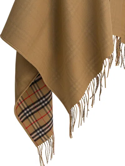 Burberry Beige Wool Cape With Check Pattern Women In Brown
