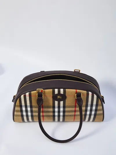 Burberry Highland Beige Handbag With Ekd Patch On The Front And All-over Check Motif In Cotton Blend Woman