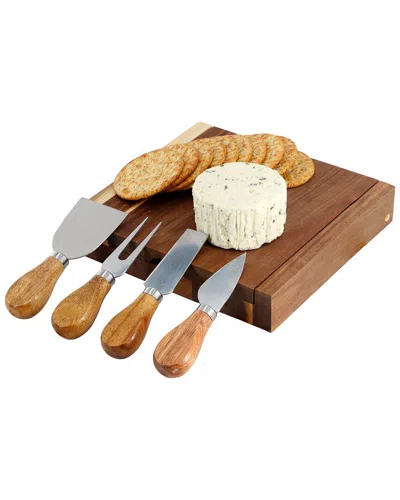Megachef Acacia Wood 5pc Square Cheese Board With Knife Set In Brown