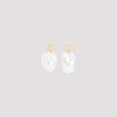 Celine Golden Signature Pearl Drop Earrings In Neutral