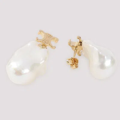 Celine Golden Signature Pearl Drop Earrings In Neutral