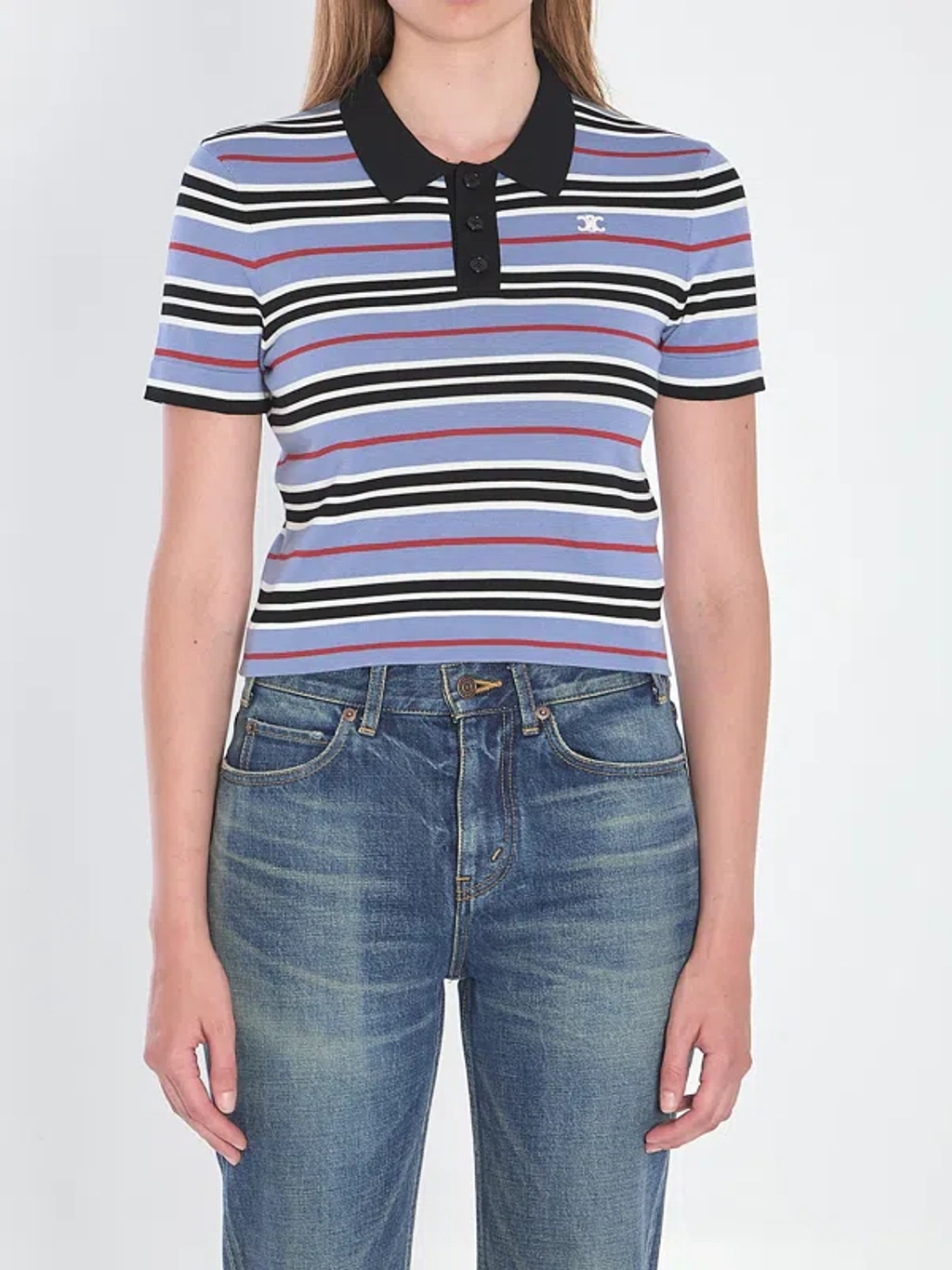 Tシャツ・カットソー CELINE Cotton knit polo shirt striped motif Celine Women Cotton Knit Polo Shirt With Striped Motif In