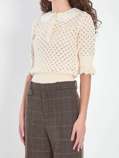 Chloé Women Ivory Knit Polo Shirt With Lace Collar In Neutral