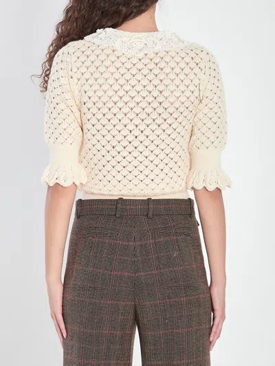 Chloé Women Ivory Knit Polo Shirt With Lace Collar In Neutral