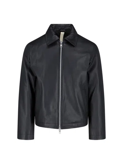 Sunflower Black Crop Jacket With Classic Collar And Dropped Shoulders In Leather Man In Black