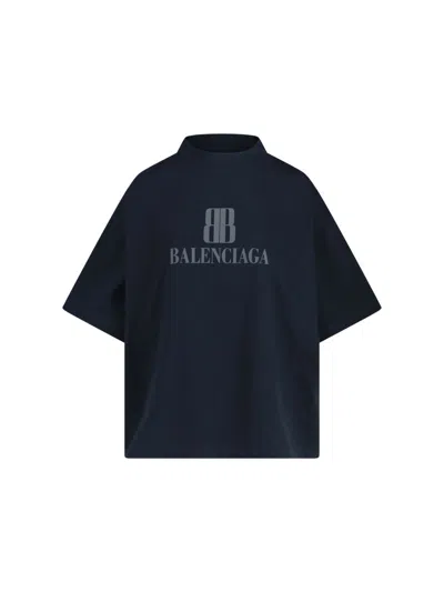 Balenciaga High-collar Black T-shirt With Logo Print In Black