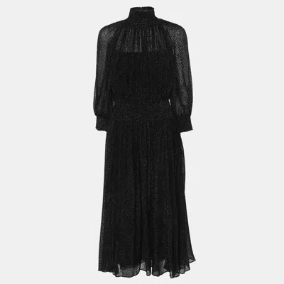 Pre-owned Prada Black Polka Dotted Velvet Silk Midi Dress S