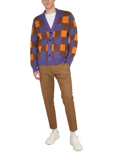 Drôle De Monsieur Check Pattern V-neck Cardigan With Ribbed Cuffs And Hem In Blue