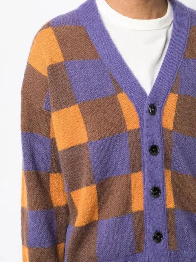 Drôle De Monsieur Check Pattern V-neck Cardigan With Ribbed Cuffs And Hem In Blue