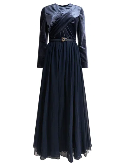 Elie Saab Velvet Pleated Maxi Dress With Belted Waist
