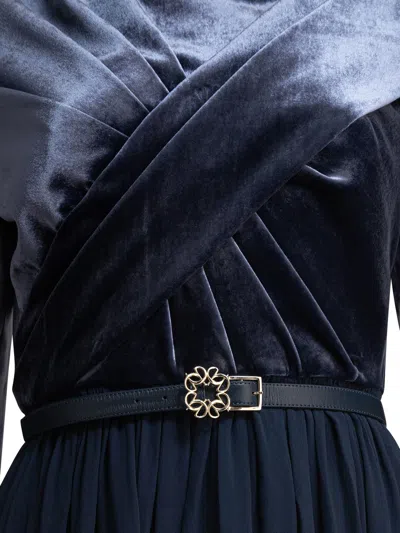 Elie Saab Velvet Pleated Maxi Dress With Belted Waist