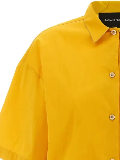 Fabiana Filippi Rhinestone-piped Cotton Blend Shirt With Drawstring Hem In Yellow