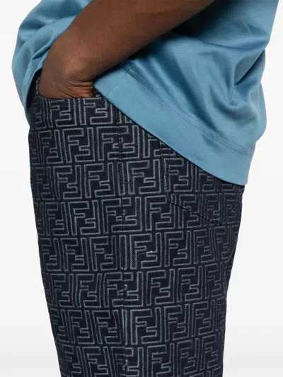 Fendi Ff Jacquard Denim Shorts In Blue