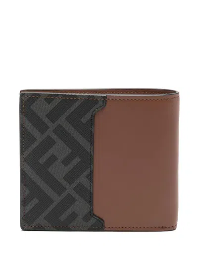 Fendi Leather And Ff Canvas Compact Bi-fold Wallet In Brown