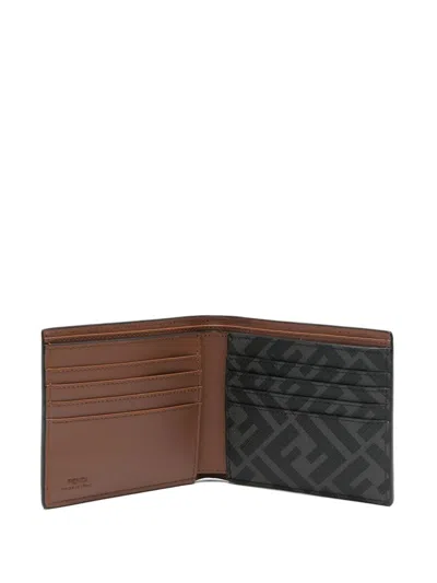 Fendi Leather And Ff Canvas Compact Bi-fold Wallet In Brown