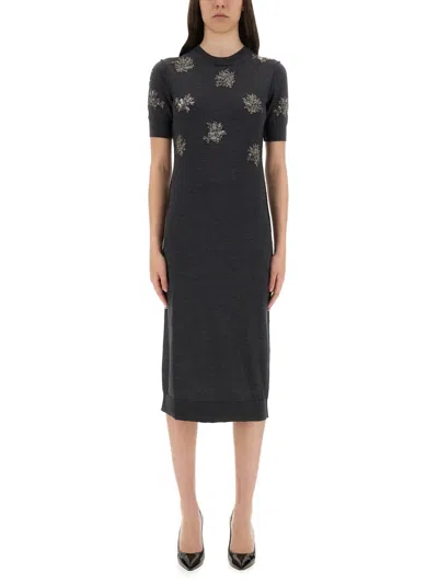 Fendi Wool Dress With Embroidered Ribbed Hem And Short Sleeves In Black