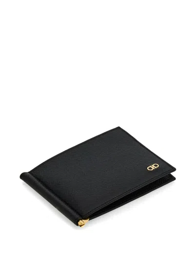 Ferragamo Black Hammered Calfskin Gancini Wallet In Black